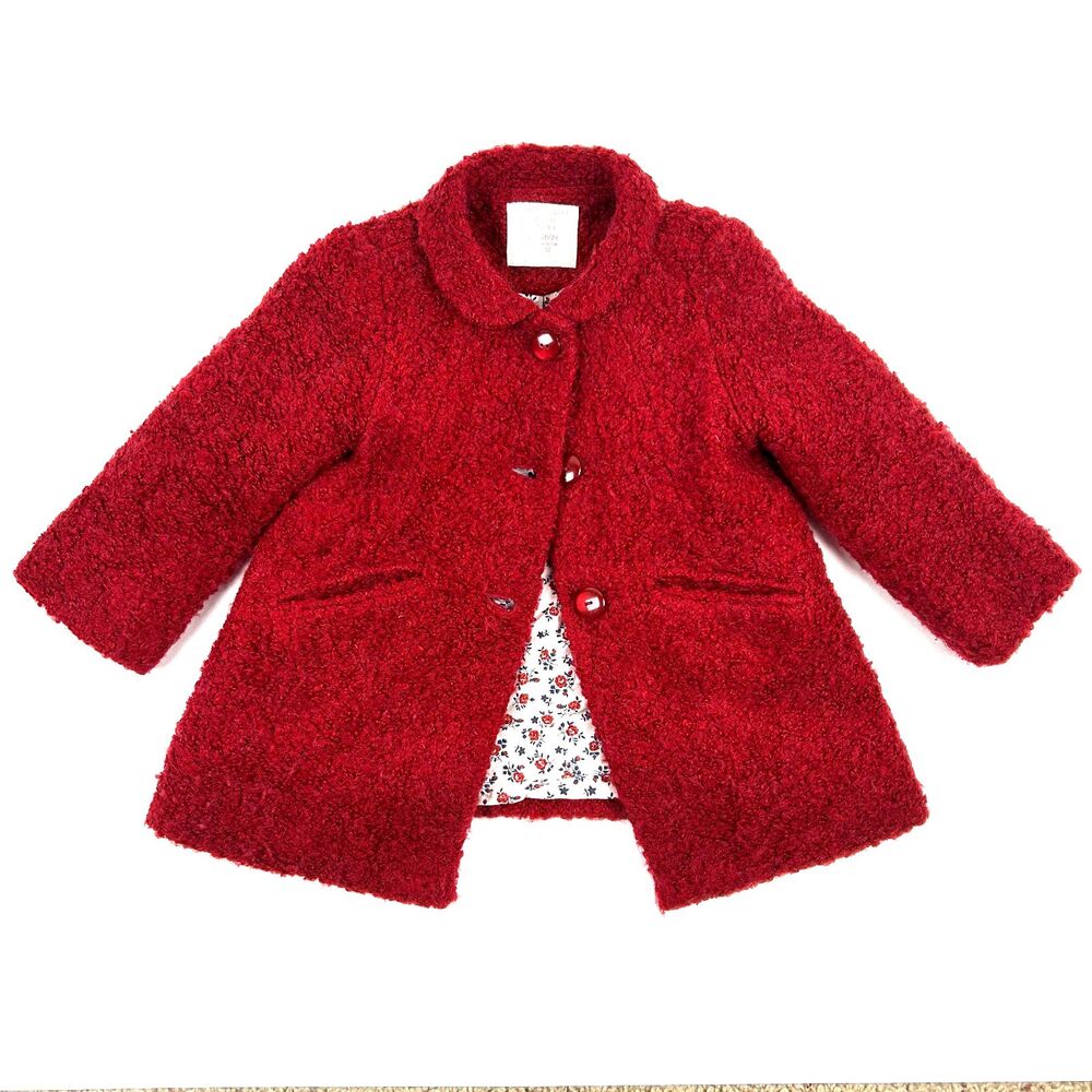 Zara Red Textured Coat Jacket Peter Pan Collar Lined Baby Toddler Girl 18-24m